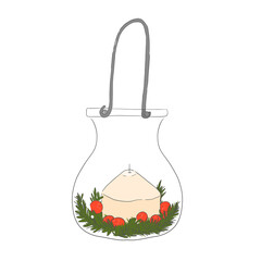 Christmas glass holder with candle, red berries and small Christmas tree branches, color illustration