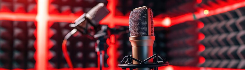 Fototapeta premium Close-up of professional microphones in a modern recording studio with red acoustic foam panels, ideal for podcasts, music production, and voice recording.