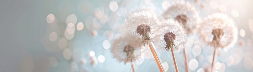 Closeup of white dandelions with a soft, dreamy background and bokeh effect, perfect for nature or spring-themed designs.