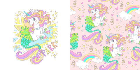 Unicorn mermaid illustration and seamless pattern vector set