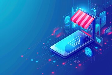 A blue and red background with a shopping cart on a cell phone