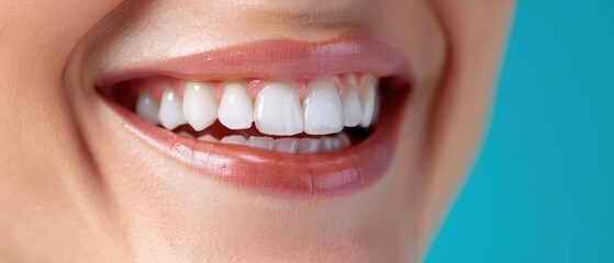 Fototapeta premium Close-Up Smile, Detailed view of a bright and healthy smile with white teeth against a blue background, Dental Health and Hygiene
