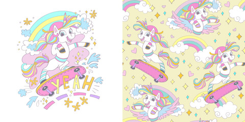 Fototapeta premium Unicorn on a skateboard illustration and seamless pattern vector set