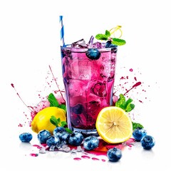 A refreshing blueberry lemonade with blueberries and lemon slices, served in a tall glass with crushed ice, isolated white background