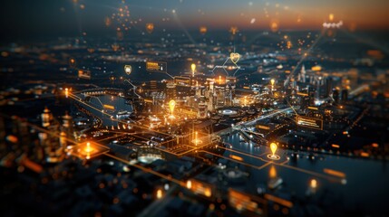 Aerial view of a bustling city at night with golden location pins marking key landmarks and popular spots throughout the urban landscape