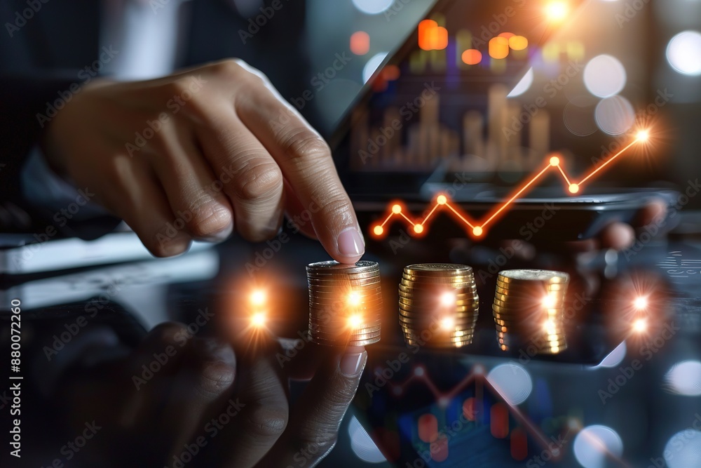 Poster businessman's hand using tablet computer with glowing arrow up and coins stack on table