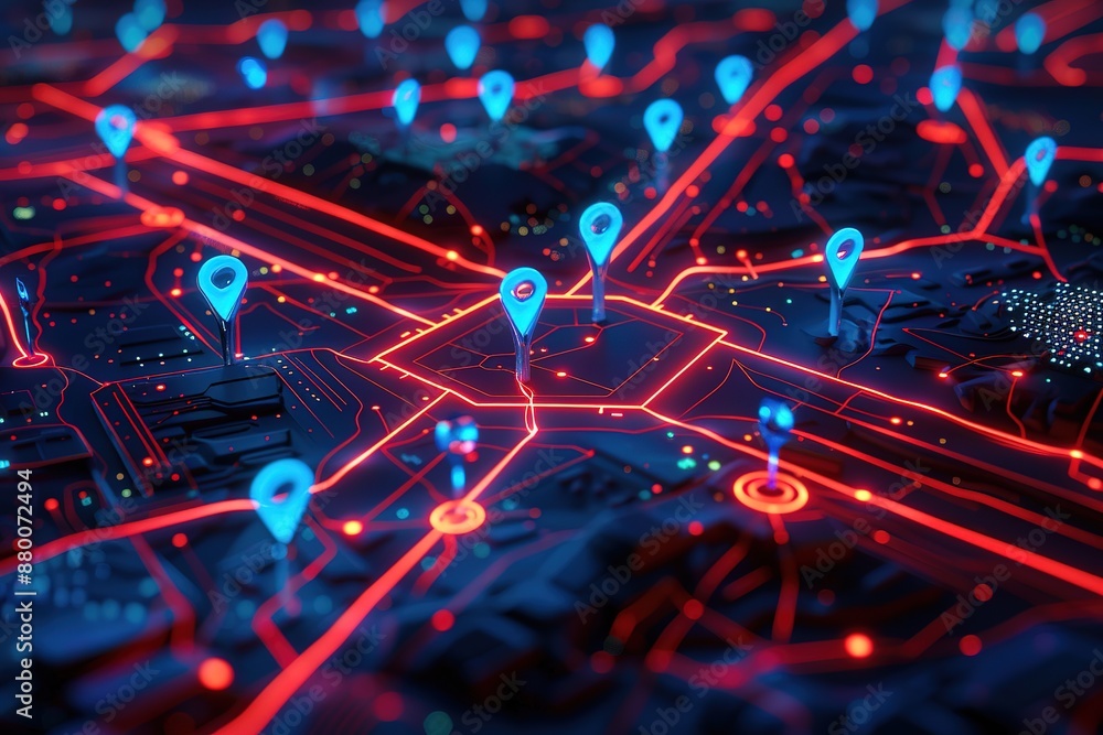 Poster digital map with location pins glowing in blue and red colors, symbolizing a global network technolo