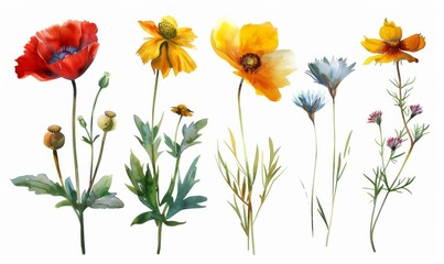 Fototapeta premium Collection of summer flowers painted in grunge oil painting style. Isolated on white background