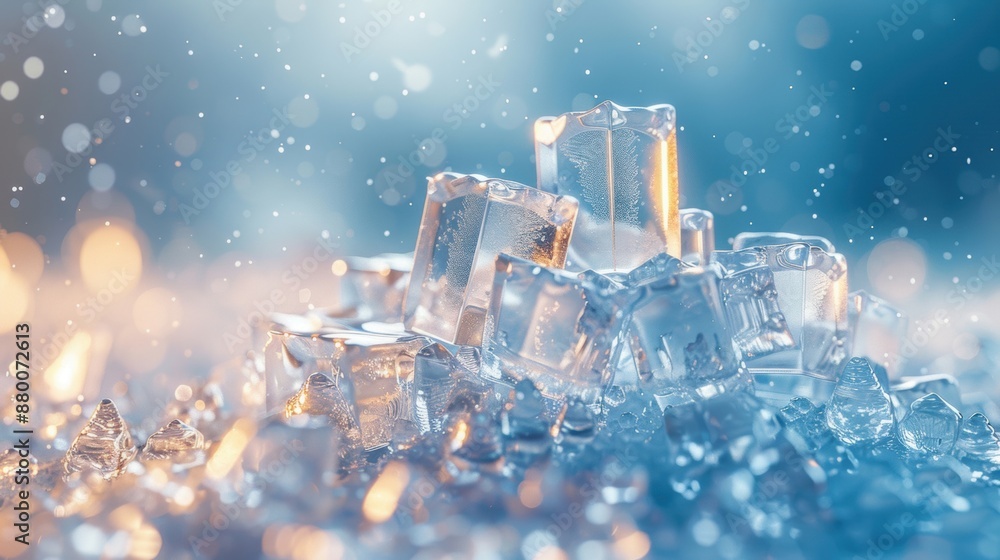 Poster a pile of glowing ice cubes surrounded by bokeh lights, creating a magical and refreshing scene.