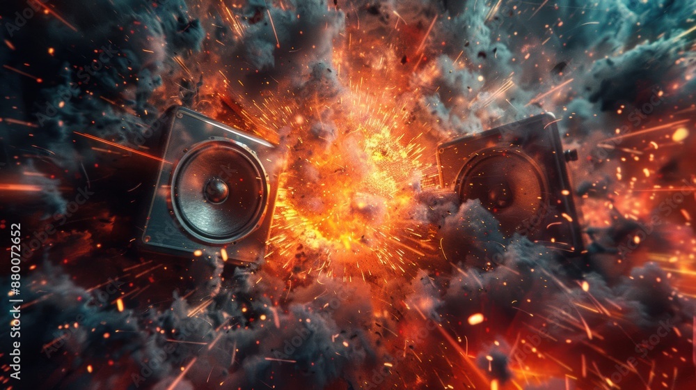 Poster two speakers explode with a fiery blast, creating an intense and dynamic scene full of energy and ch