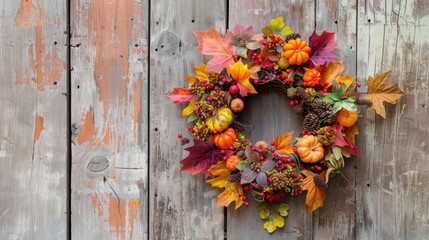 A vibrant autumn wreath with leaves and mini pumpkins hanging on weathered wood, creating a rustic seasonal decoration.