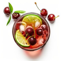 A refreshing cherry limeade with fresh cherries and lime slices in a mason jar, isolated white background, realism art style