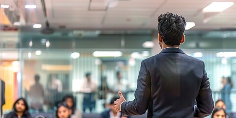Professional Man in Formal Attire Giving a Business Presentation in Modern Office with Glass Walls, Audience Listening Attentively. Corporate Training and Leadership Concepts.