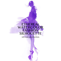 Ethereal Watercolor Fashion Silhouette. Vector Illustration a beautiful model wearing a long dress with a flowy skirt. She is outlined in a purple color and is depicted in a dynamic pose