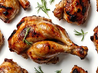 delicious grilled chicken on white background Side and top view of BBQ Food	