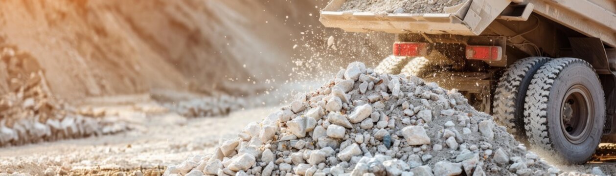 Construction site with a dump truck unloading gravel, creating a pile of stones in a quarry under the sunlight.