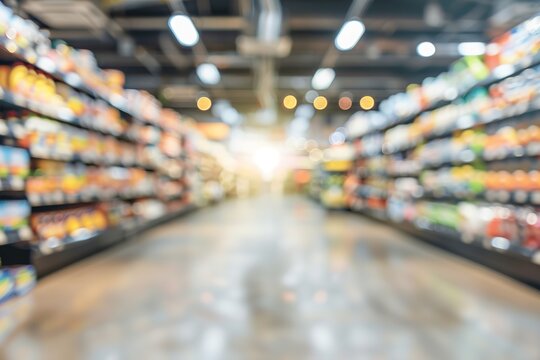 A blurred background of a grocery store interior with shelves filled with products,