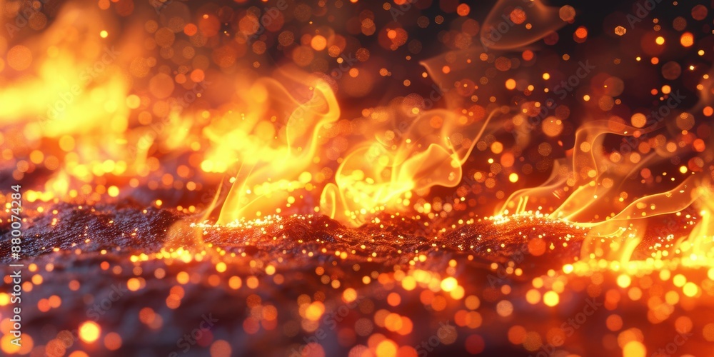 Poster close-up of glowing embers and flickering flames, creating a mesmerizing and intense visual display.