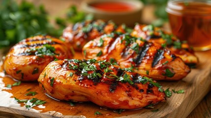 Close-up of grilled barbecue chicken garnished with fresh herbs, showcasing juicy, glazed meat with vibrant colors and textures.