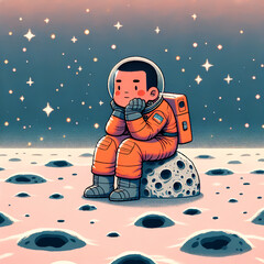 Fototapeta premium Cute astronaut boy sitting on the moon, looking at the stars