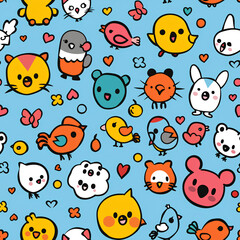 Cute Cartoon Animal and Bird Pattern on Blue Background