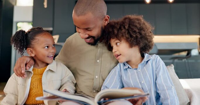 Black family, child and happy reading story book, cartoon comic and bonding with father, daughter and son at home. Love, storytelling and kids listen for fairytale, education or learning in house