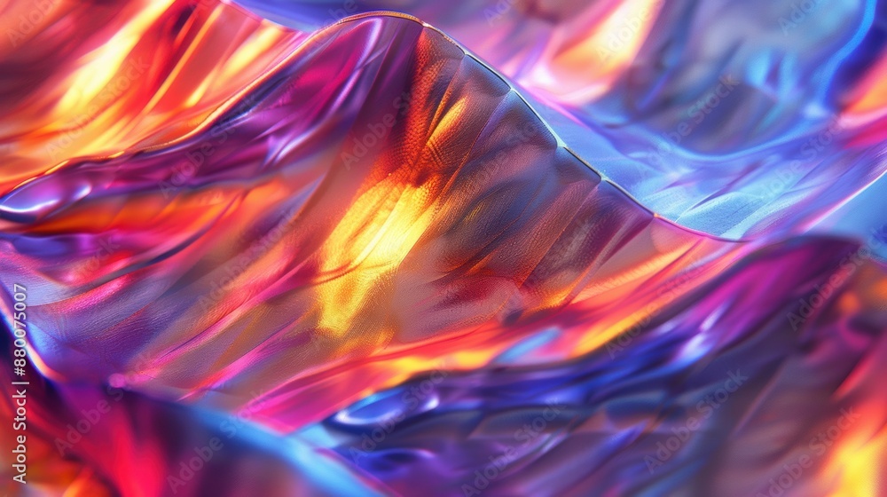 Poster abstract image of colorful fabric with dynamic light reflections, creating a flowing, vibrant, and a