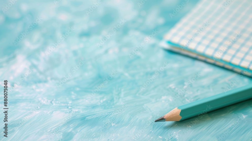 Aufkleber a single blue pencil placed next to a notepad on a textured blue background, creating a simple and a