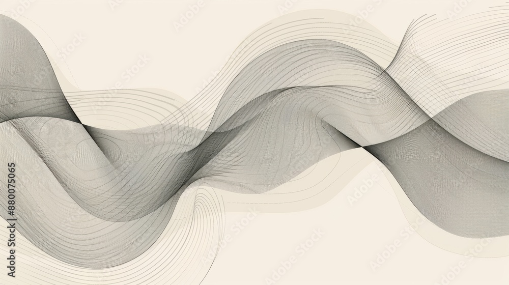 Poster sophisticated abstract wave art in black and white, featuring intricate line patterns and fluid curv