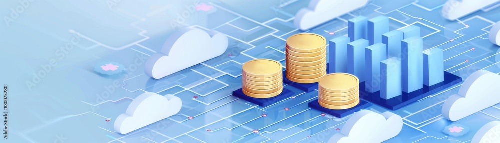 Poster digital representation of cloud computing with stacks of coins and buildings, symbolizing cloud fina