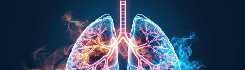 Digital illustration of human lungs with glowing blue and red pathways representing respiratory system and health. Dark background.