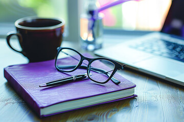 A purple notebook with a pen and a pair of glasses on top of it