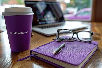 A purple notebook sits on a wooden table with a cup of coffee and a pen