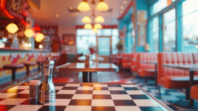 A vibrant retro diner interior with checkered tables and classic decor, evoking a nostalgic and lively atmosphere.