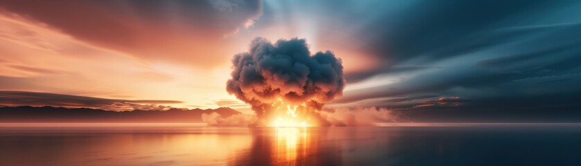 Obraz premium Dramatic explosion over water, fiery clouds and vibrant skies creating a powerful and captivating visual of destruction and beauty.