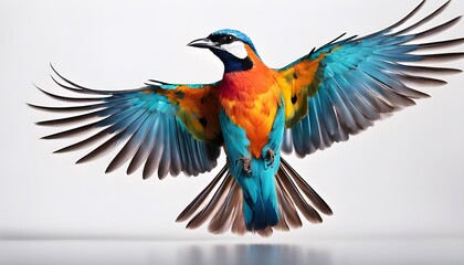 Fototapeta premium A colorful bird with blue and orange wings is flying in the air