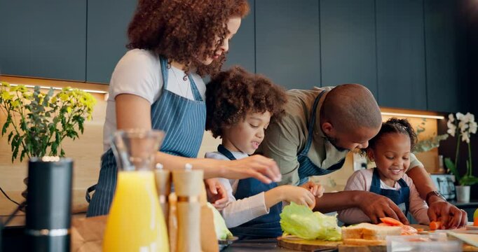 Child development, cooking and food with family in kitchen of home together for diet, health or nutrition. Ingredients, father and mother teaching kids how to prepare meal for dinner or supper