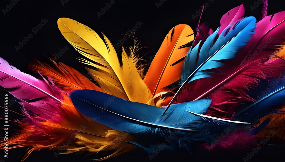 Poster a colorful array of feathers is displayed in a black background. the feathers are of various colors,
