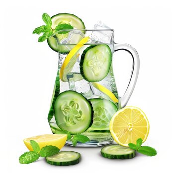 recommend clip art: A refreshing cucumber lemon mint cooler with cucumber slices and lemon wedges, served in a pitcher with ice, isolated white background