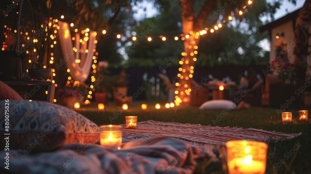 Poster a cozy backyard setup with string lights and candles, creating a warm, inviting atmosphere perfect f