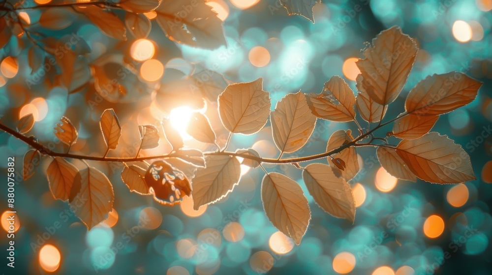 Poster a branch with autumn leaves illuminated by sunlight, creating a warm, bokeh-filled background with a