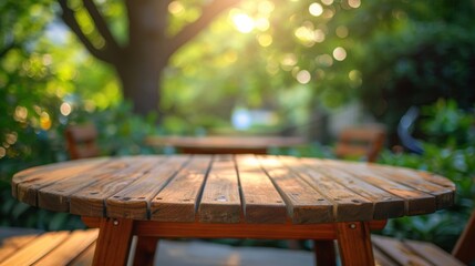 Naklejka premium A rustic wooden table in a sunlit garden, surrounded by lush greenery and bathed in warm, golden light.