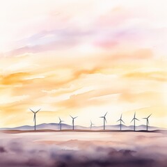 Watercolor painting of a field with a large number of wind turbines. The sky is orange and the windmills are spread out across the field
