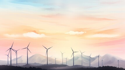 Watercolor painting of a beautiful sunset with a mountain range in the background. The sky is filled with clouds and the sun is setting. The image is of a wind farm with many wind turbines