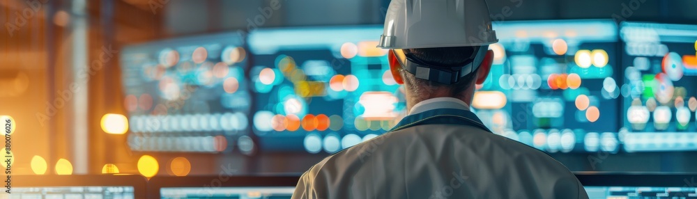 Poster engineer at work in a high-tech control room, monitoring systems and operations, wearing a safety he