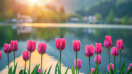 Obraz premium Row of vibrant pink tulips blooming by a serene lake during a picturesque sunset, with a village in the background.