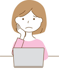 パソコン作業　困った表情の女性の上半身イラスト
