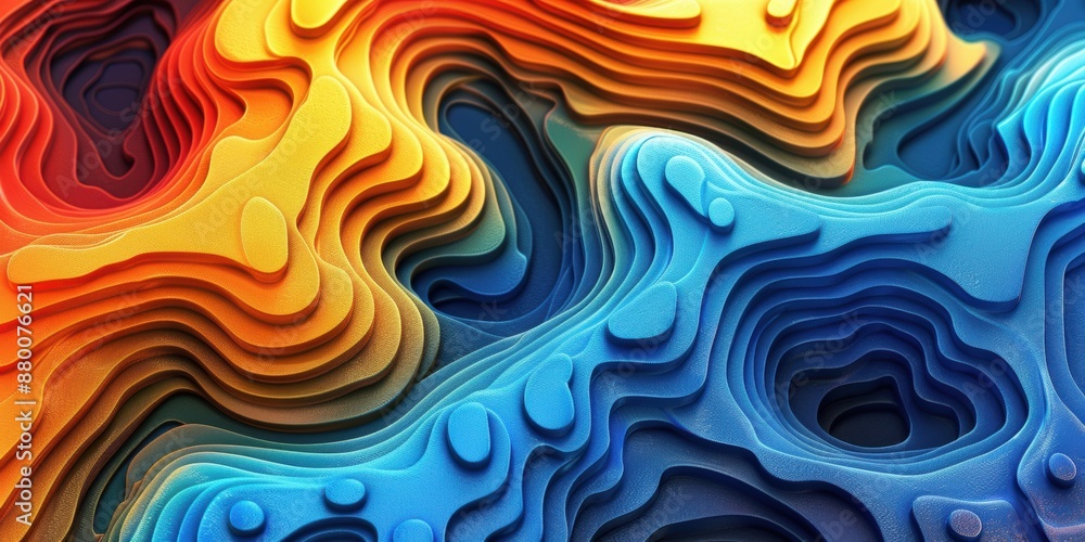 Poster vibrant abstract topographic layers in shades of blue, yellow, and orange, creating a dynamic and vi