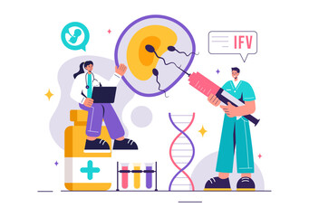 IVF or In Vitro Fertilization Vector Illustration for Artificial Insemination, Focusing on Pregnancy and Doctors' Research of Fertilized Eggs