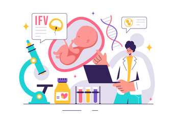 IVF or In Vitro Fertilization Vector Illustration for Artificial Insemination, Focusing on Pregnancy and Doctors' Research of Fertilized Eggs